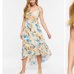Forever 21 Dress Women Medium Midi Cut Out Floral Ruffled Hi Lo Cream    B4